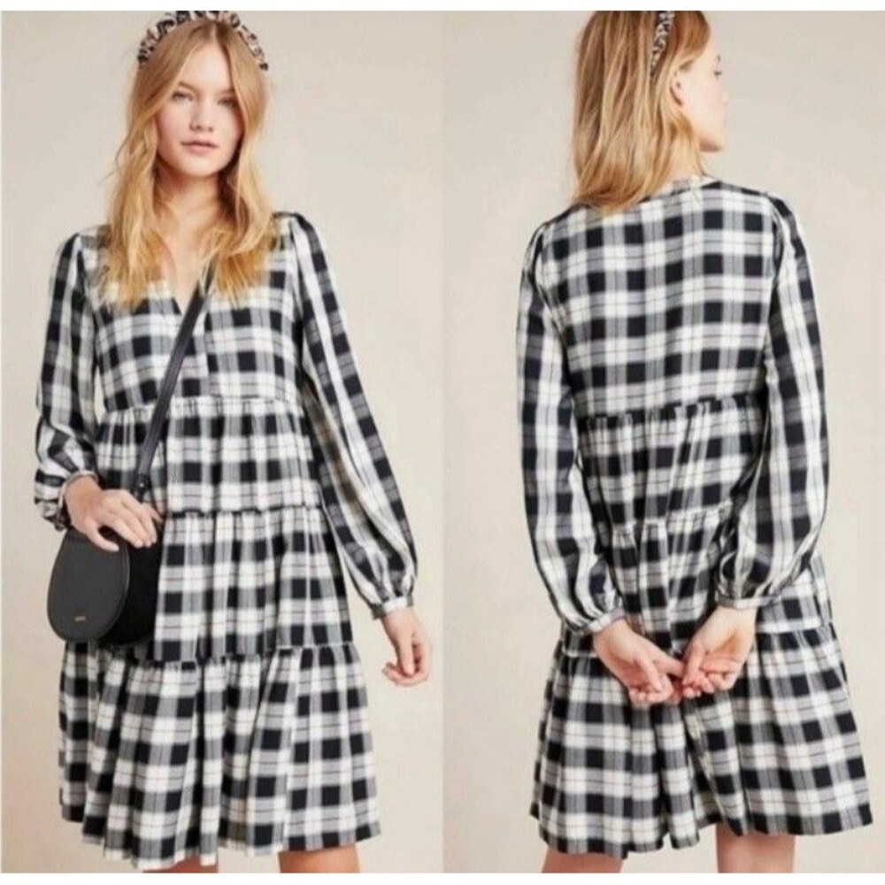 Maeve Anthropologie Womens XS Dress Amber Plaid Tiered Long Sleeve White Black